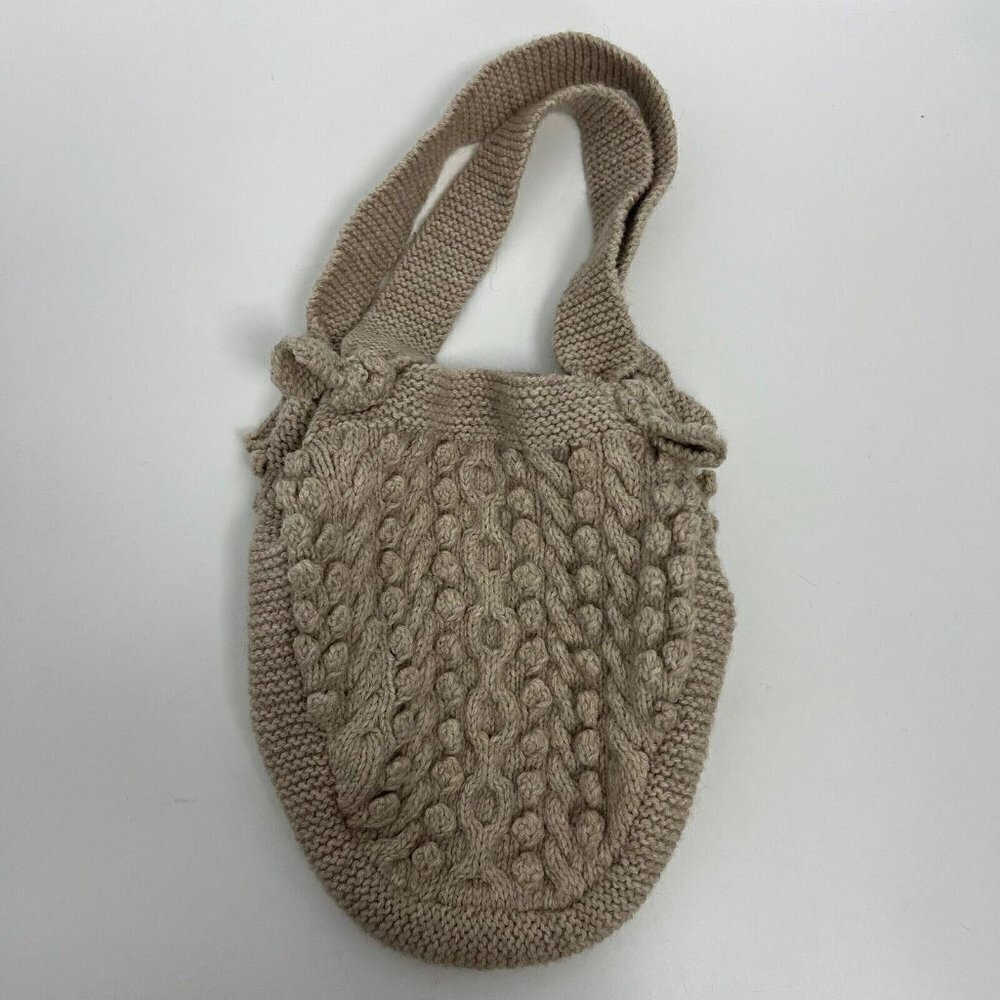 Cable Knit Hand Made Wool Blend Tan Neutral Boho Granny Grandma Tote Bag - Picture 8 of 9